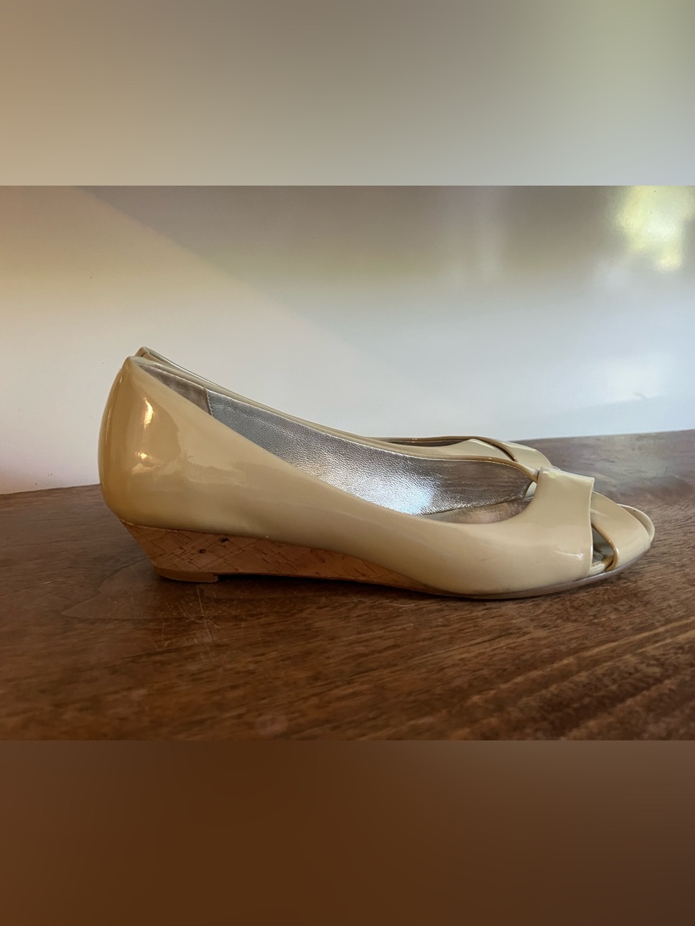 Cole Haan Patent Peep-Toe Wedge Pumps in Cream